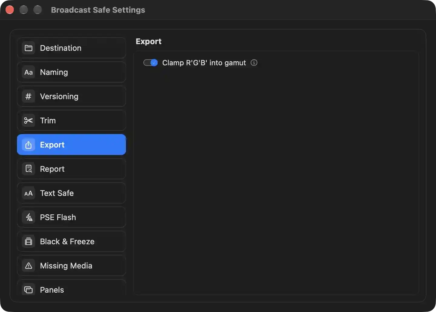 Controls how the converted MXF is finalized during export.

- **Clamp R'G'B' int