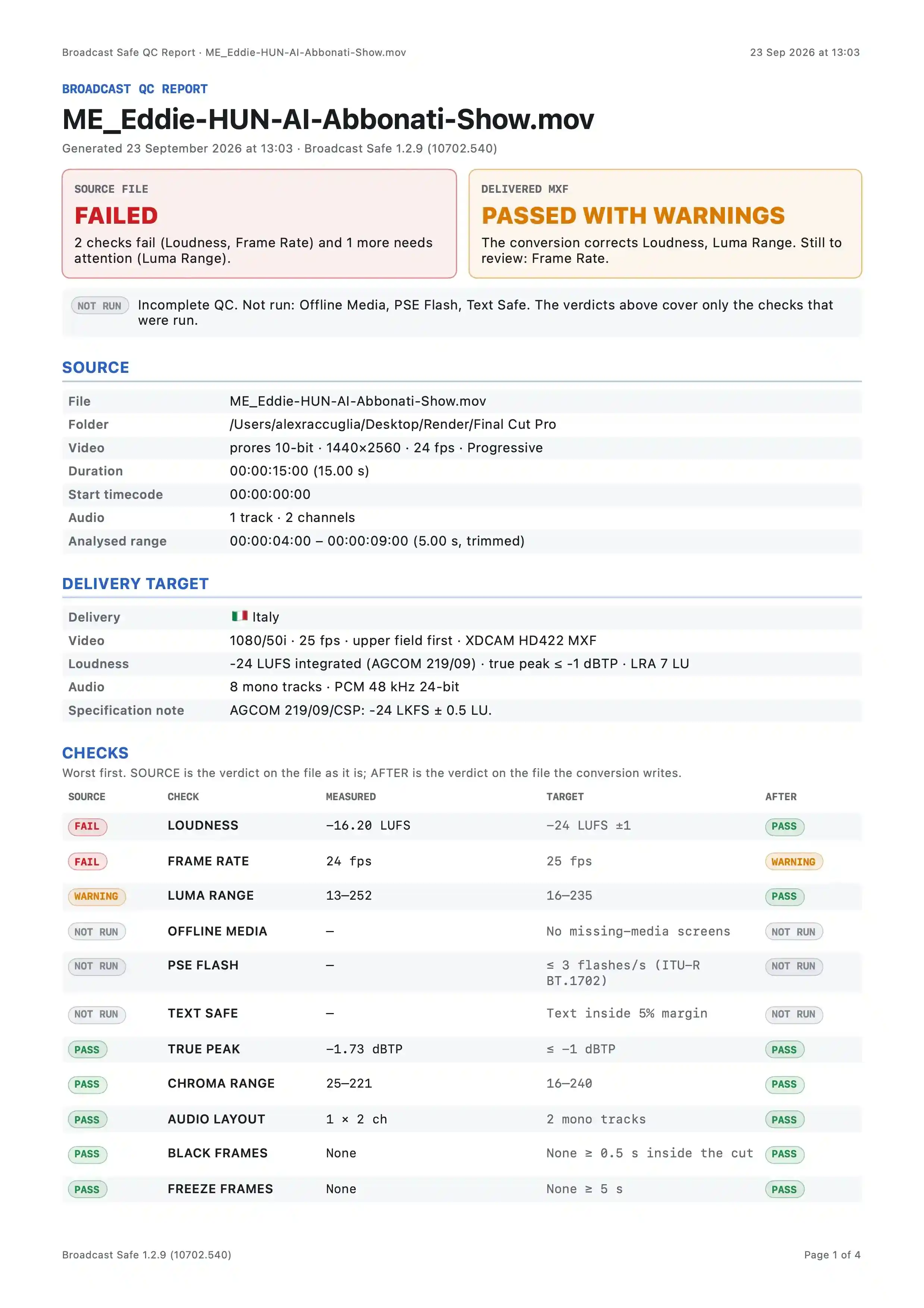 The panel is a read-only quality-control record of a source master and its inten