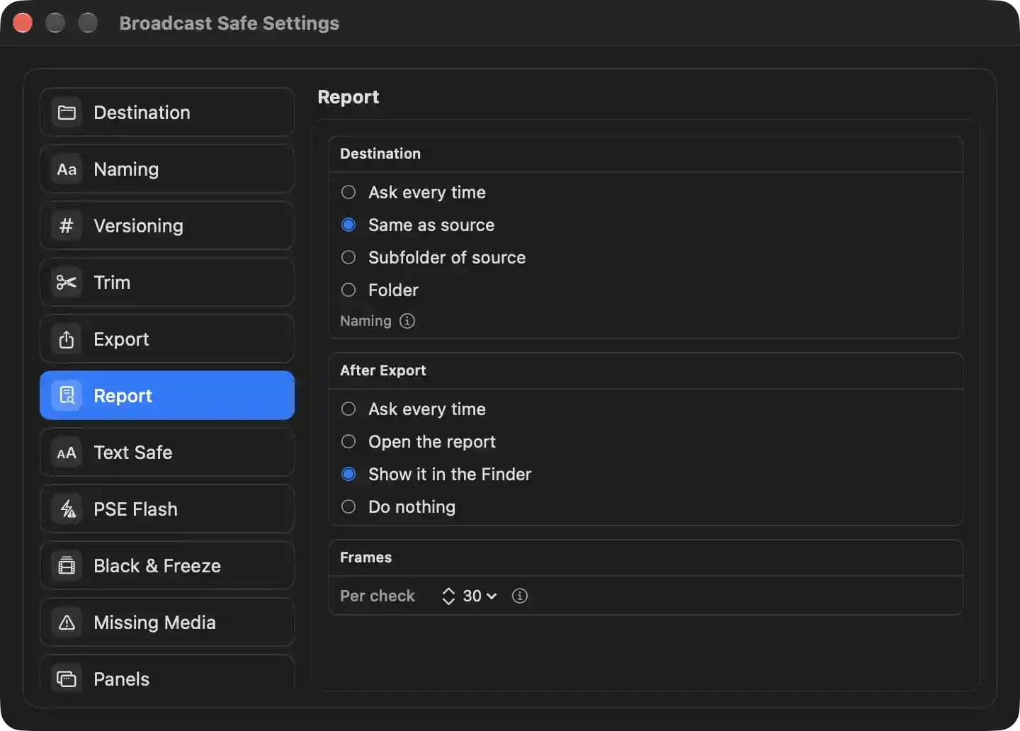 Configures where an exported QC report PDF is written, what happens immediately 