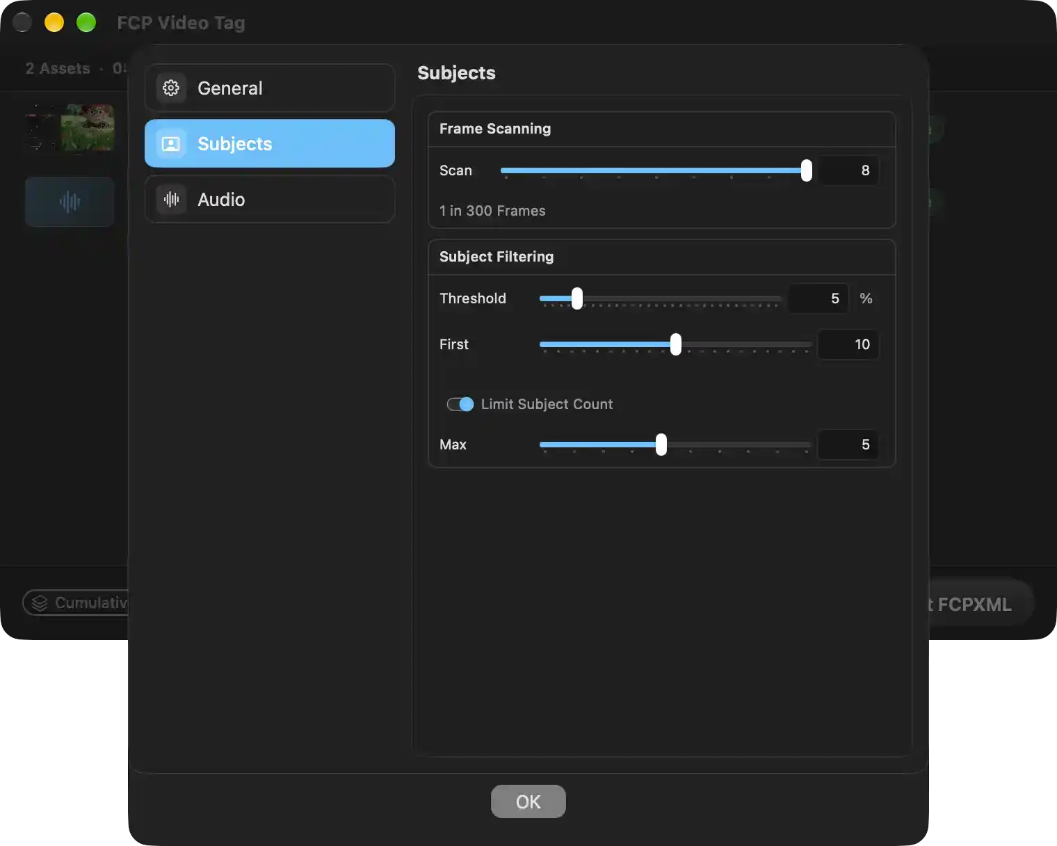 Controls the frame sampling density and the confidence/count limits used when Vi