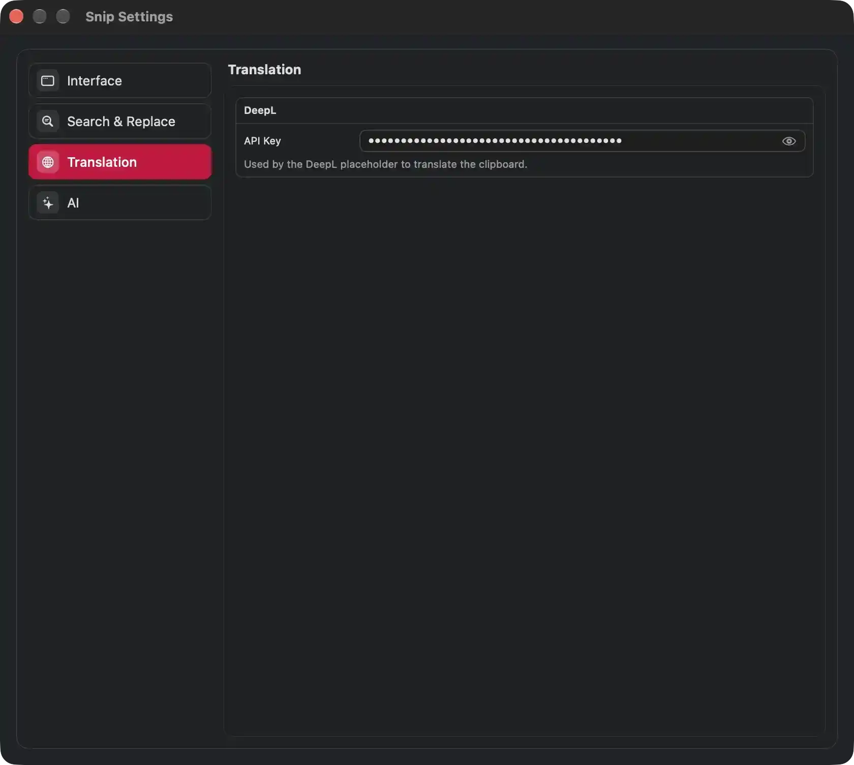Configures the DeepL translation service used by pasteboard placeholders to tran
