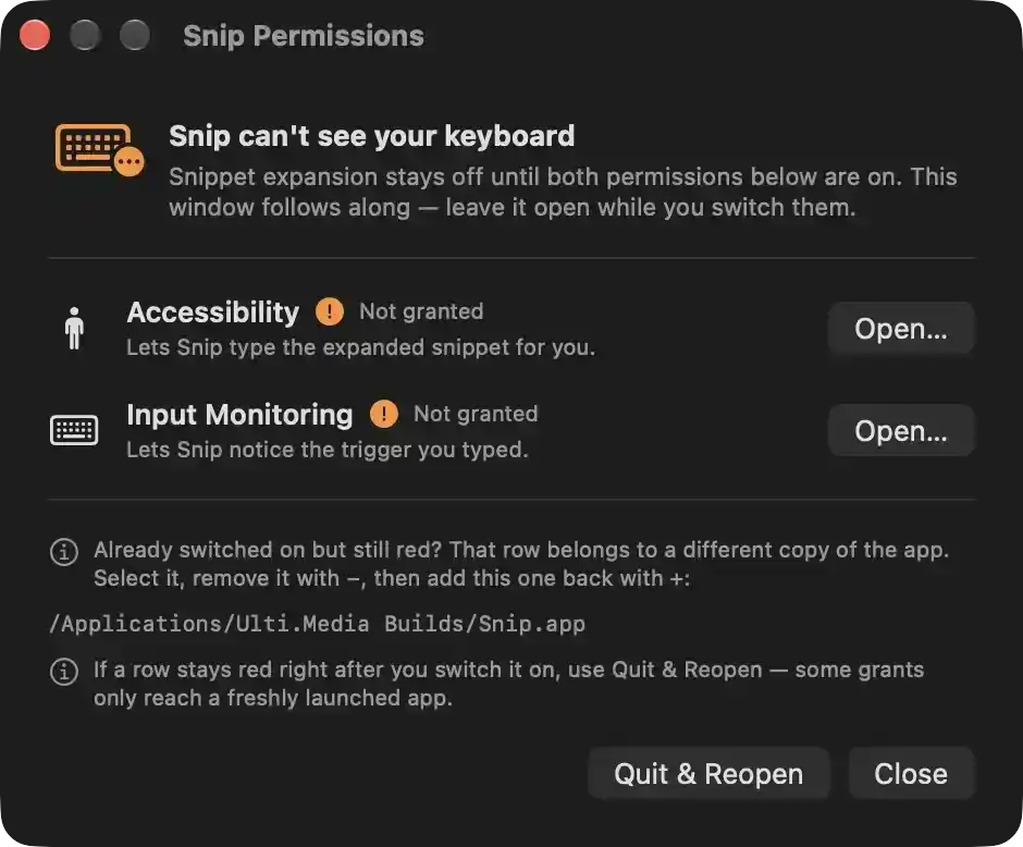 Snip needs two macOS privacy grants before snippet expansion can work. Until bot