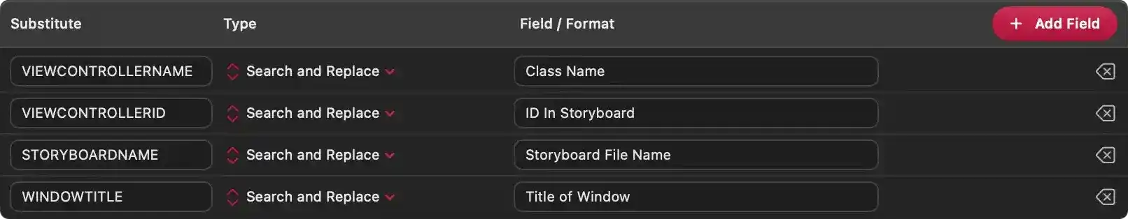 This panel lists the dynamic fields defined for the text snippet currently being