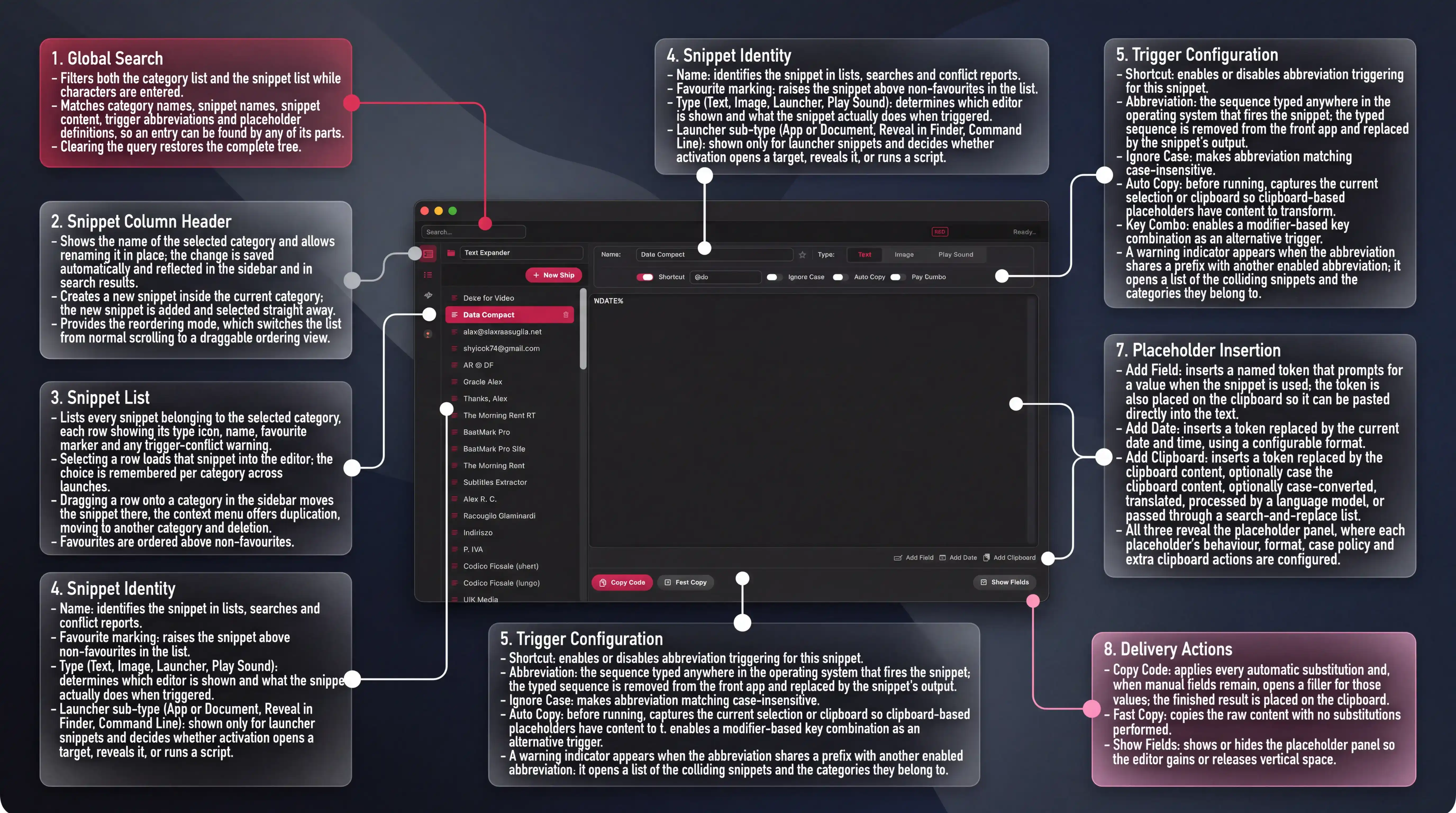 The window is the workspace where the snippet library is browsed, authored and t