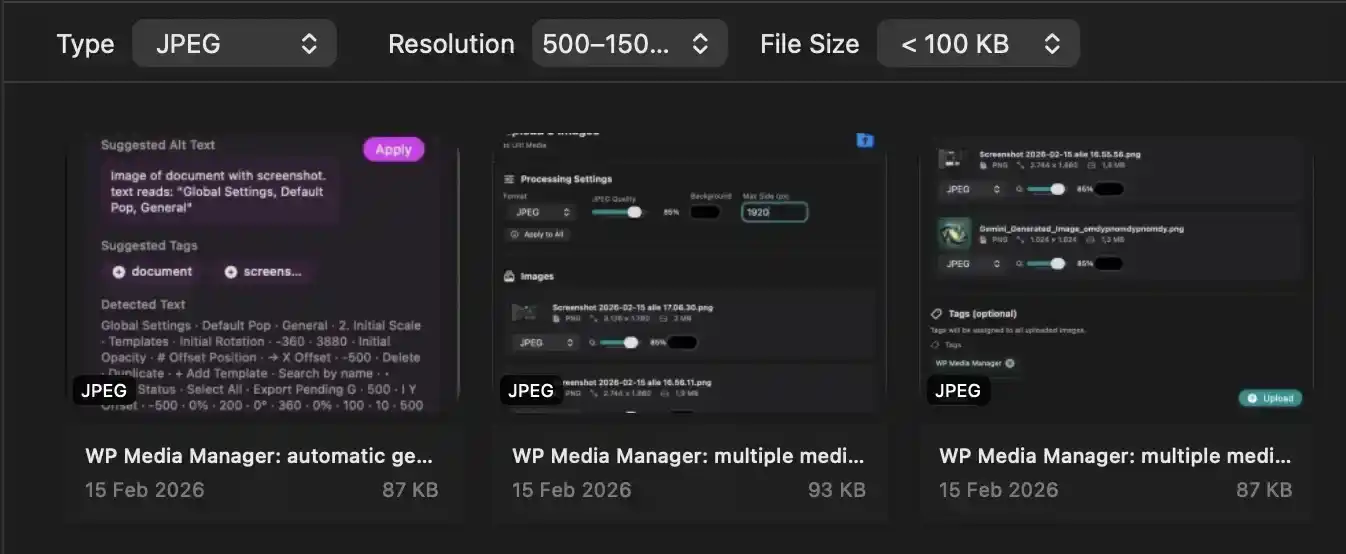Displays a filtered set of media items from the selected WordPress site, with op