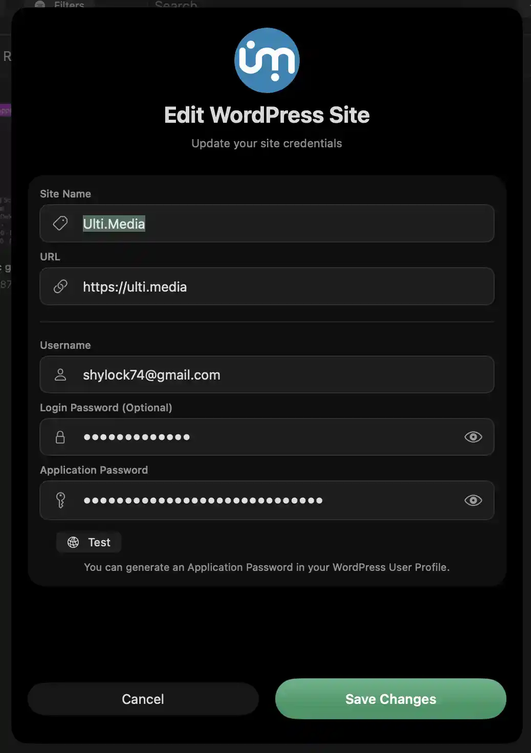 This sheet updates the connection details for a configured WordPress site. It sh