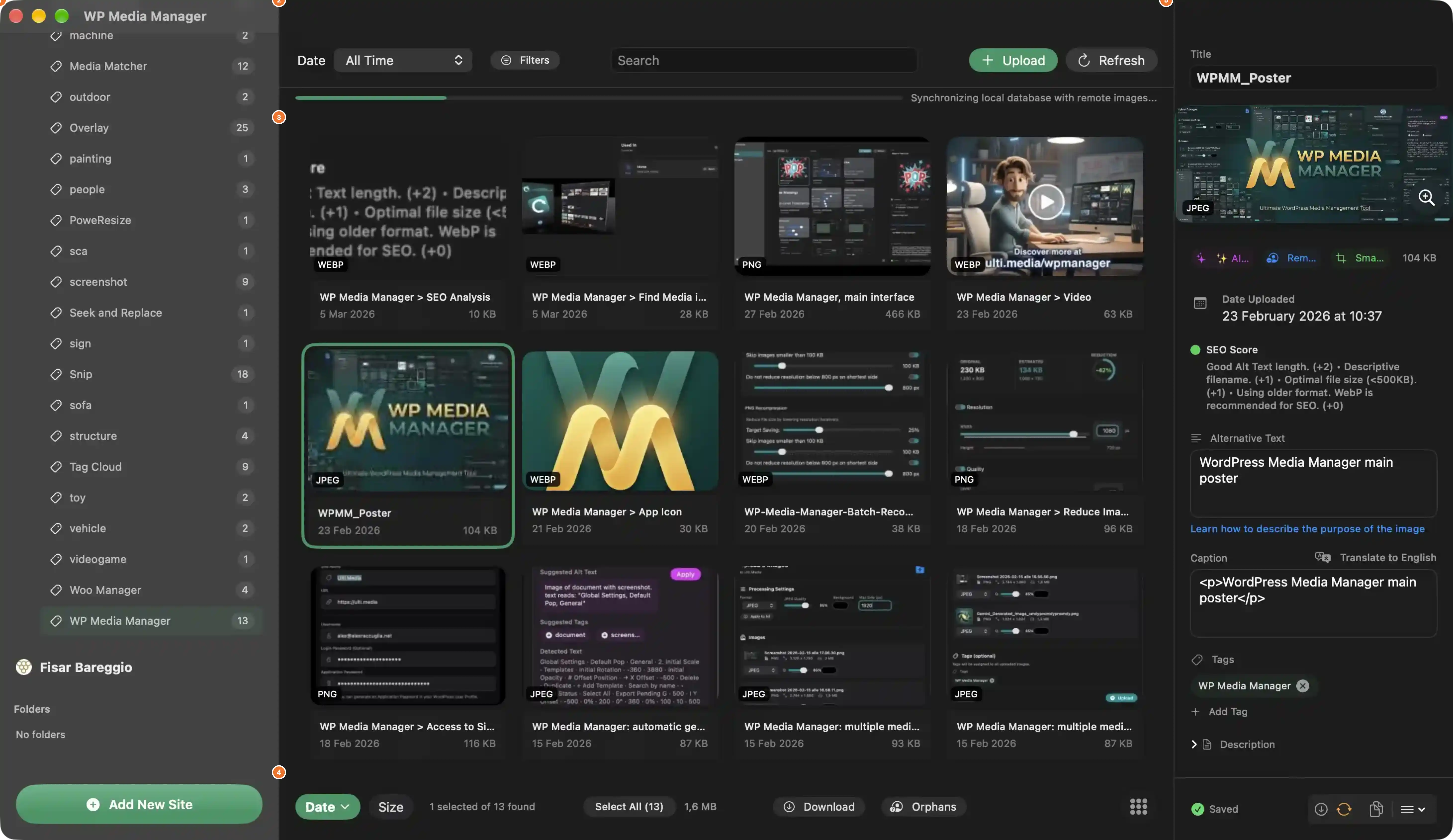 A three-pane macOS workspace for managing WordPress/WooCommerce media. The left 